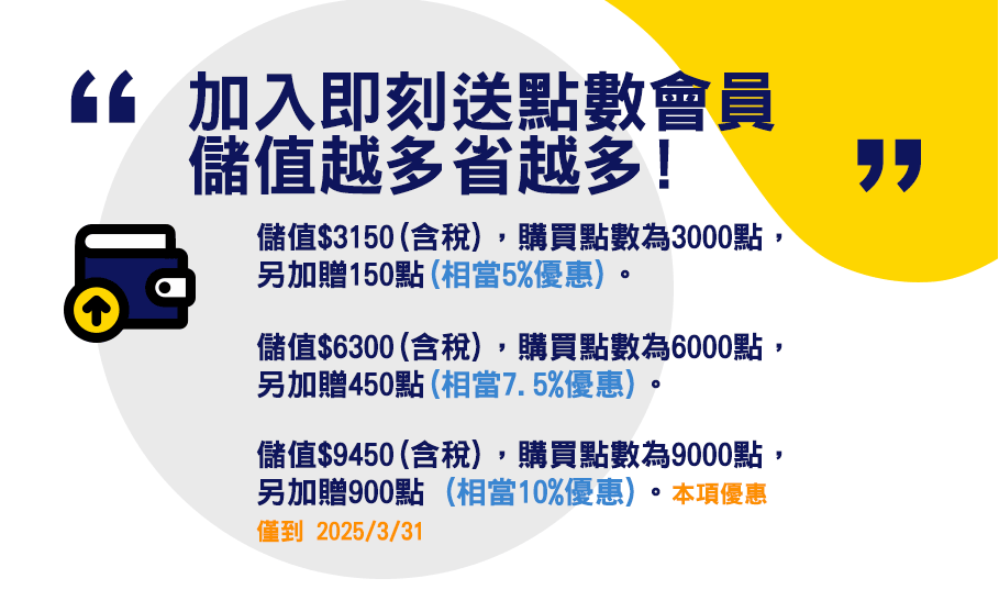 加入即刻送點數會員，儲值越多省用多：1.儲值 3,150 (含稅)，購買點數為 3000 點，另加贈 150 點。2.儲值 6,300 (含稅)，購買點數為 6000 點，另加贈 450 點。3.儲值 9,450 (含稅)，購買點數為 9000 點，另加贈 900 點。本項優惠僅到 2025/03/31